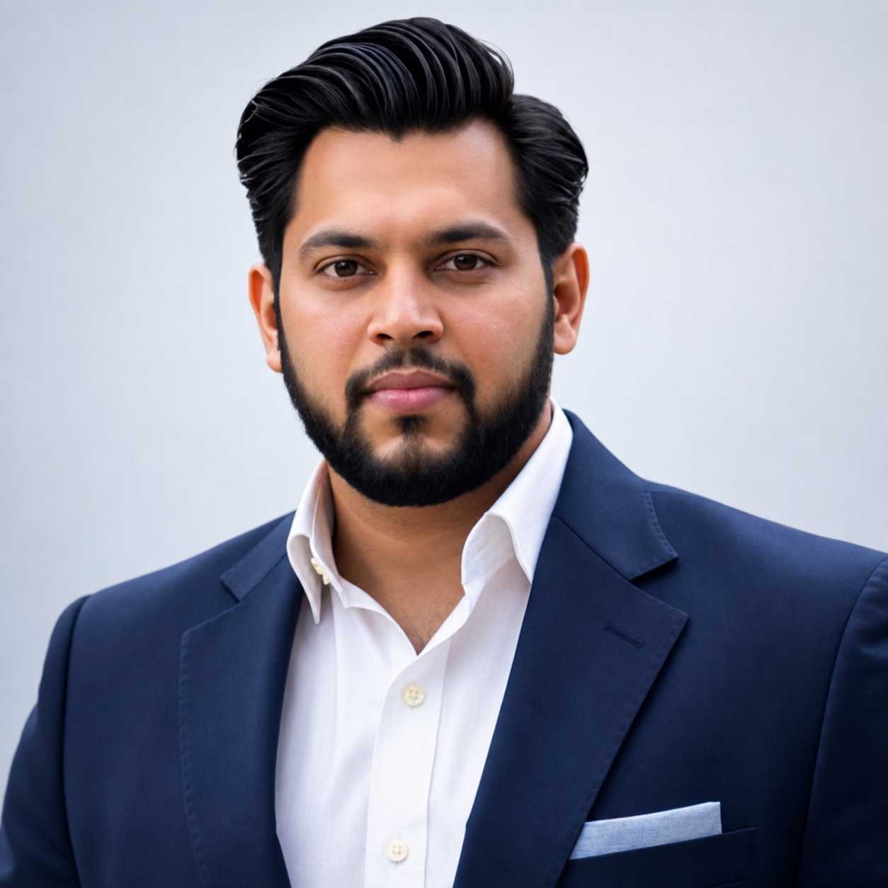 Auther Syed, founder of Amisba and partner at HW & Associates CPA, in a navy suit jacket